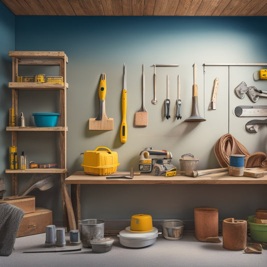 Illustrate a home renovation worksite with a background of exposed drywall. Show various plastering tools on a makeshift shelf or storage rack in the foreground. Include tools like joint knives, sanders, mixers, levels, hammers, etc.