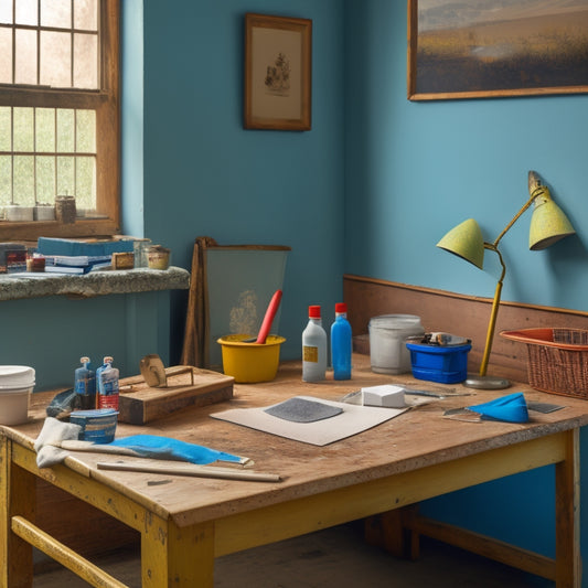 A tidy workspace with a putty knife, joint compound, sandpaper, a paint roller, and a level on a drop cloth, surrounded by renovated walls with a fresh coat of paint.
