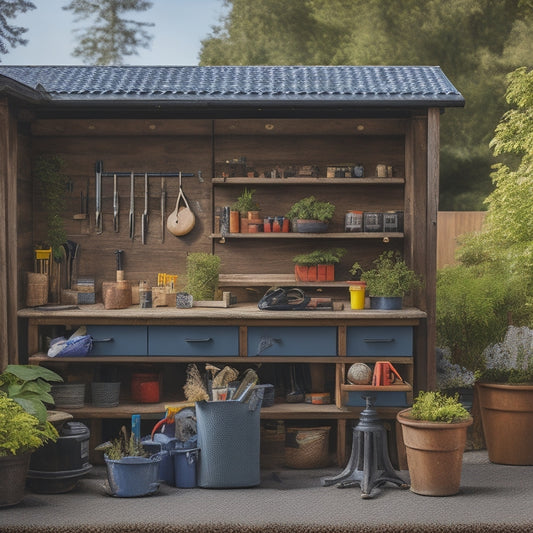 A tidy, organized workbench outdoors with a variety of tool kits and storage containers in the foreground, surrounded by a subtle background of a renovated home exterior with lush greenery.