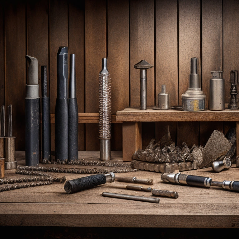 A high-contrast image of a variety of drilling bits on a workbench, surrounded by renovation tools and materials, with a partially drilled wall in the background, showcasing different bit types and sizes.
