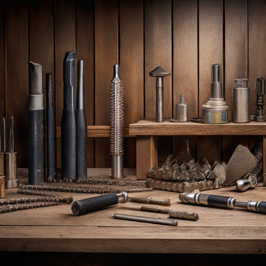 A high-contrast image of a variety of drilling bits on a workbench, surrounded by renovation tools and materials, with a partially drilled wall in the background, showcasing different bit types and sizes.
