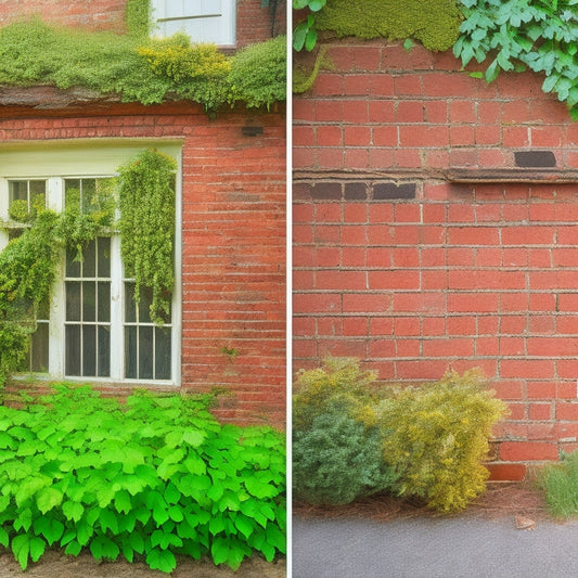 A split-screen image featuring a before-and-after comparison: a crumbling, worn exterior wall on the left, with cracked brick and overgrown vines, and a renovated wall on the right, with sleek, modern siding and a fresh coat of paint.