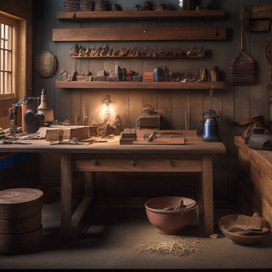 A well-lit, organized workshop with various sanders, including belt, orbital, and detail sanders, on a wooden workbench, surrounded by smooth, sanded wooden planks and a few scattered wood shavings.