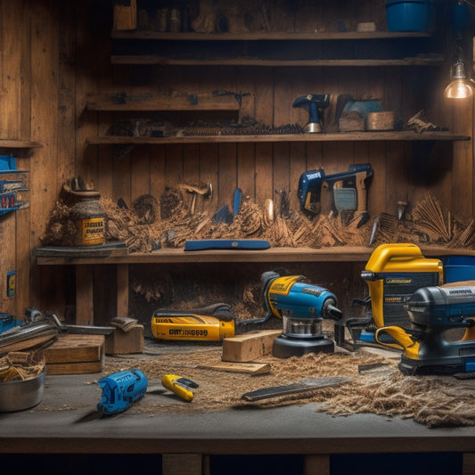 A cluttered workshop background with scattered tools, sawdust, and wood shavings, featuring a prominent central display of iconic tool brands' logos, such as DeWalt, Bosch, and Makita, in metallic colors.