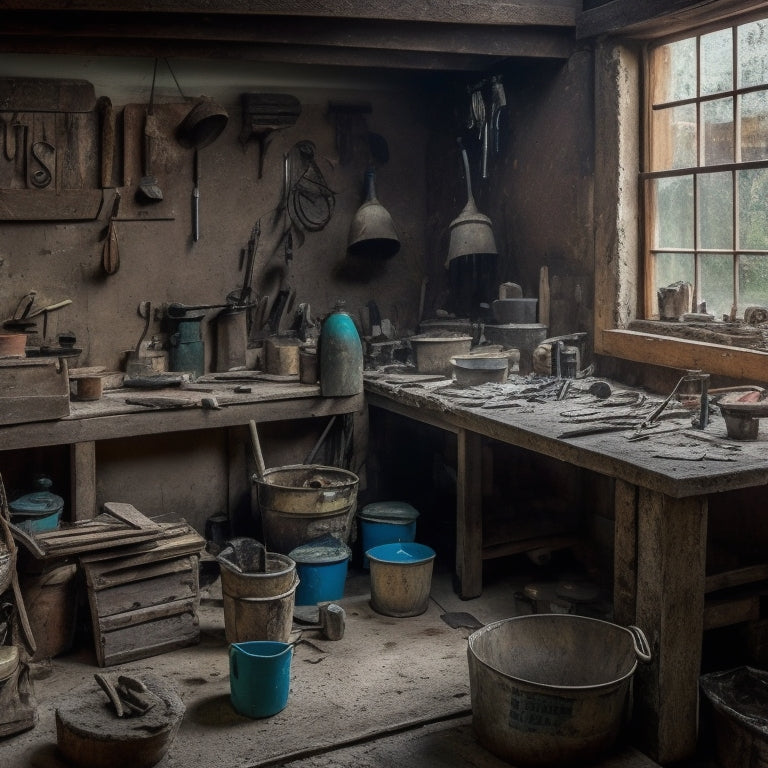A cluttered workshop with a variety of tools scattered across a wooden workbench, including trowels, joint knives, putty knives, mixing buckets, and a level, surrounded by partially renovated walls with exposed lath.
