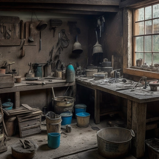 A cluttered workshop with a variety of tools scattered across a wooden workbench, including trowels, joint knives, putty knives, mixing buckets, and a level, surrounded by partially renovated walls with exposed lath.