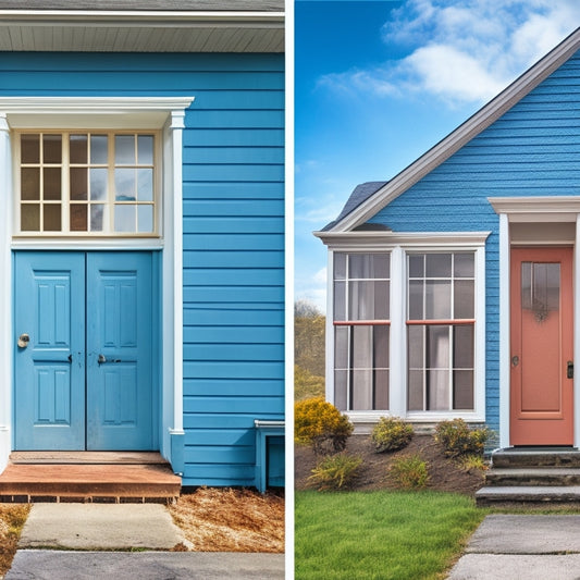 A dramatic before-and-after split-screen image: a worn, cracked, and faded exterior wall on the left, and a renovated wall with fresh paint, new siding, and gleaming windows on the right.