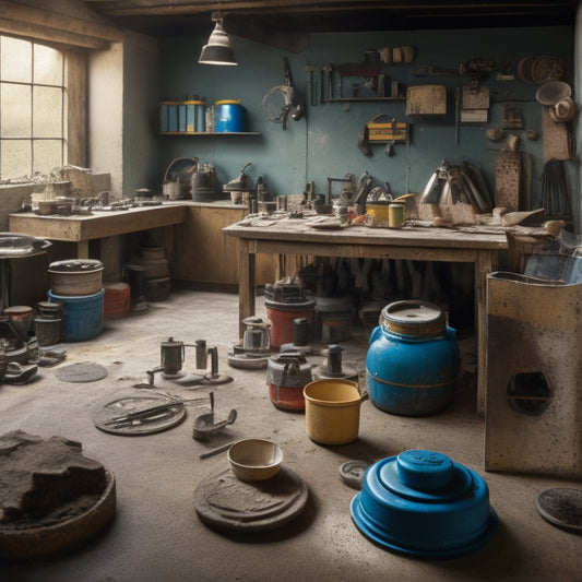 A cluttered workshop with a cement floor in the background, featuring a variety of tools and equipment, including a grinder, trowel, level, and mixing bucket, arranged in a circular pattern.
