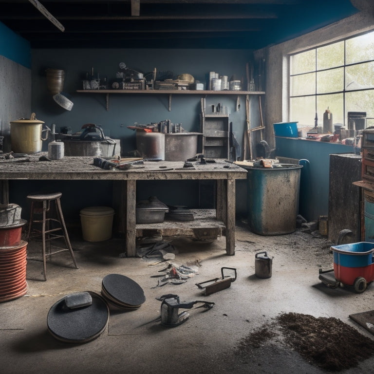 A cluttered workshop with a partially renovated concrete floor in the background, surrounded by essential tools like a floor scraper, grinder, trowel, and mixing bucket, with a hint of dust and debris.
