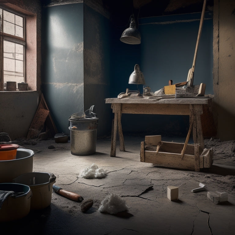 A cracked concrete floor with a few filled areas, surrounded by various polyurethane crack filler products, tools, and a putty knife, in a well-lit, renovated room with a wooden ladder in the background.