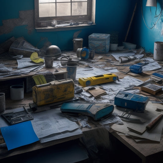 A messy room with scattered blueprints, calculators, and construction tools, surrounded by torn wallpaper and exposed wiring, with a faint blueprint of a renovated space on the wall in the background.