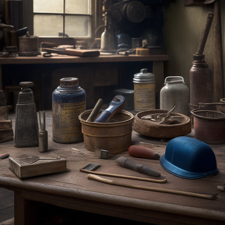 A cluttered workshop table with various budget-friendly floor finishing tools scattered around, including a worn wooden sanding block, a rusty old scraper, and a tin of varnish with a worn brush.