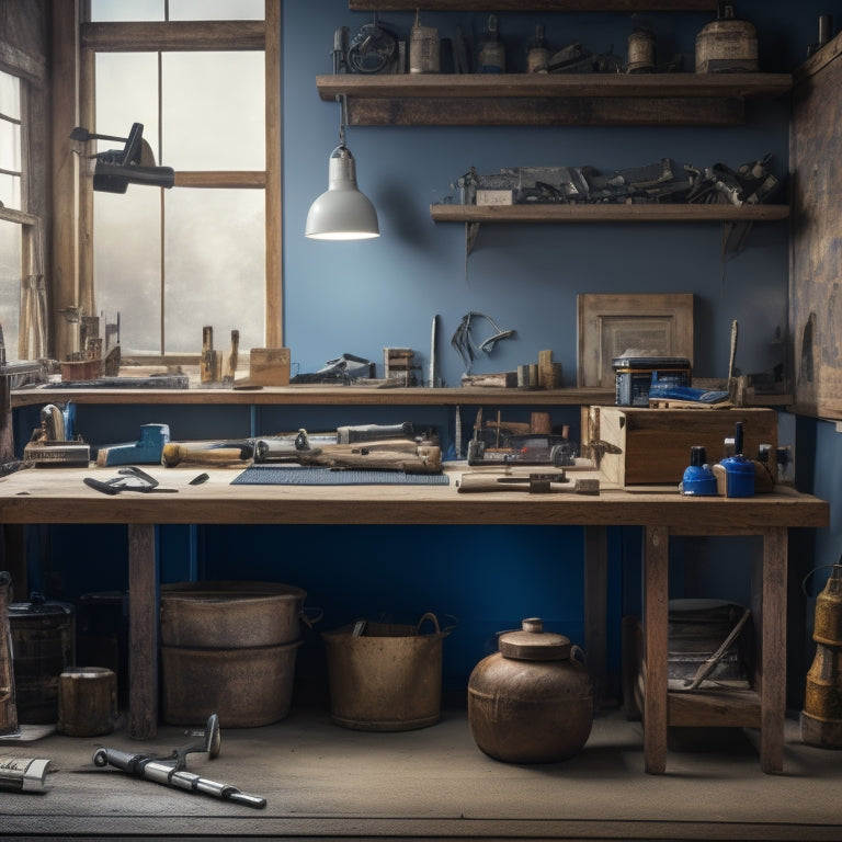 A cluttered but organized workspace with a wooden workbench, surrounded by essential DIY renovation tools, including a tape measure, level, hammer, drill, and various wrenches, with a subtle background of blueprints or architectural plans.