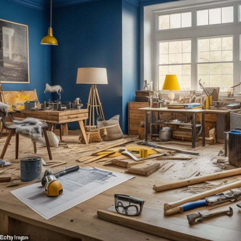 A cluttered, partially renovated living room with a checklist clipboard on a sawhorse, surrounded by renovation tools, with a magnifying glass and a tape measure lying nearby, amidst scattered blueprints.