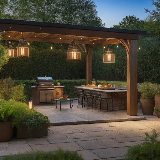 A serene outdoor space with a large wooden pergola, lush greenery, and a stone patio, featuring a stylish outdoor kitchen with a grill and dining area, surrounded by lanterns and twinkling string lights.