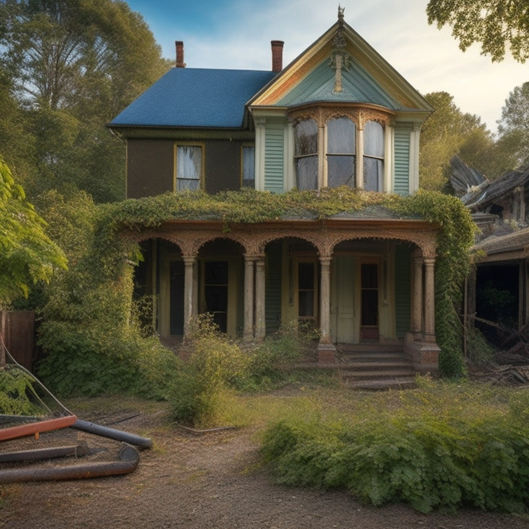 An old, worn-out Victorian house with a crumbling facade, overgrown with vines, and a broken roof, surrounded by construction equipment and renovation materials, with a subtle hint of a renovated interior through a partially open door.