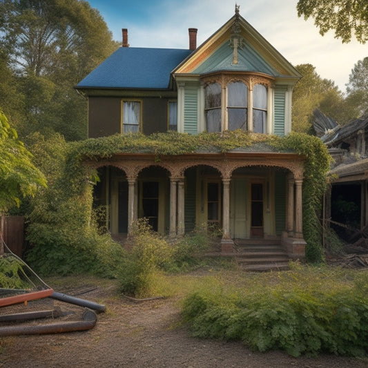 An old, worn-out Victorian house with a crumbling facade, overgrown with vines, and a broken roof, surrounded by construction equipment and renovation materials, with a subtle hint of a renovated interior through a partially open door.