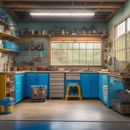 A cluttered garage with old cabinets, rusty tools, and a worn-out epoxy floor, contrasted with a renovated garage in the background, featuring sleek cabinets, a shiny epoxy floor, and organized storage systems.