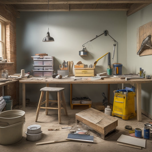 A cluttered but organized workshop table with a variety of affordable tools, including a putty knife, joint compound bucket, and a step stool, surrounded by ceiling renovation materials like drywall and paint swatches.