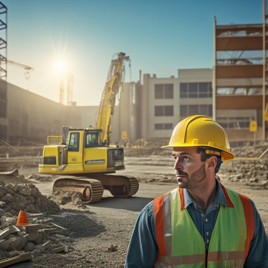 A construction site with a partially demolished building, a hard-hat-wearing worker in the foreground, surrounded by safety cones, warning signs, and a faint grid of safety lines in the background.