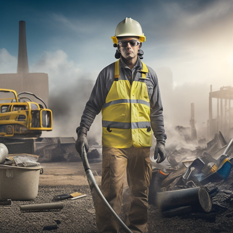 An illustration of a person wearing a hard hat, safety goggles, dust mask, and gloves, standing amidst a cloudy, debris-filled renovation site with power tools and broken materials scattered around.