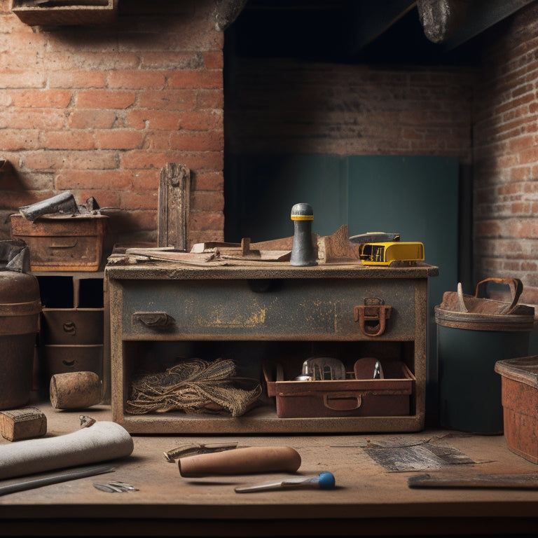 An image of a renovator's toolbox overflowing with various tools, with a subtle background of a partially renovated room, featuring exposed brick and a few scattered blueprints.
