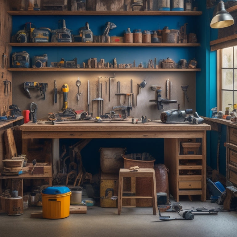 A cluttered but organized DIY workshop with a wooden workbench, various power tools, and a pegboard with hanging accessories, set against a backdrop of partially renovated rooms.