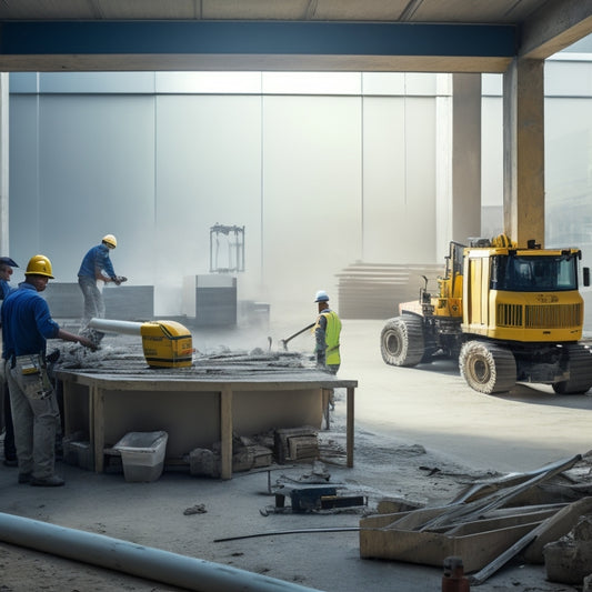 A construction site with a large, sleek automatic plastering machine in the center, surrounded by renovation materials and tools, with a blurred background of workers in motion.