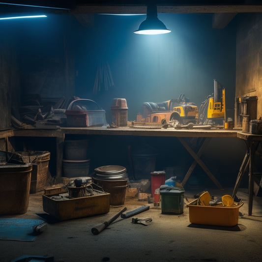 A cluttered, dimly lit construction site with scattered tools and materials in the background, featuring a central, organized toolbox with neatly arranged renovation tools and a subtle, faint blueprint in the foreground.