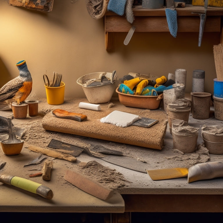 A cluttered workbench with a variety of DIY plastering tools, including a hawk, trowel, and joint knife, surrounded by scattered plaster mix, sandpaper, and a half-finished wall with rough plaster texture.
