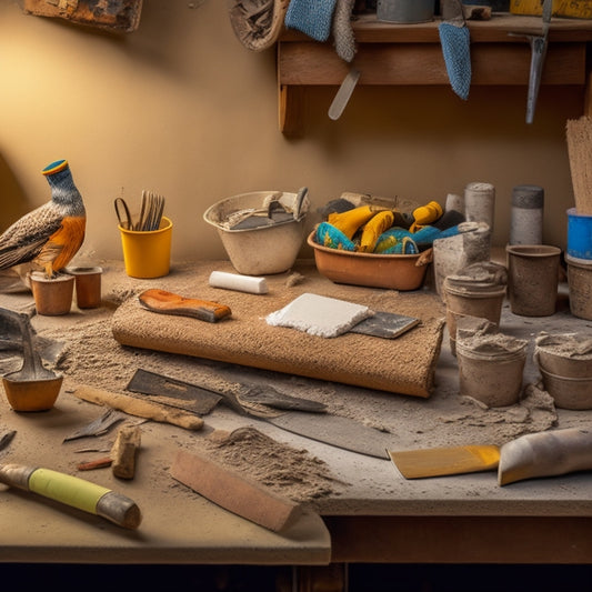 A cluttered workbench with a variety of DIY plastering tools, including a hawk, trowel, and joint knife, surrounded by scattered plaster mix, sandpaper, and a half-finished wall with rough plaster texture.