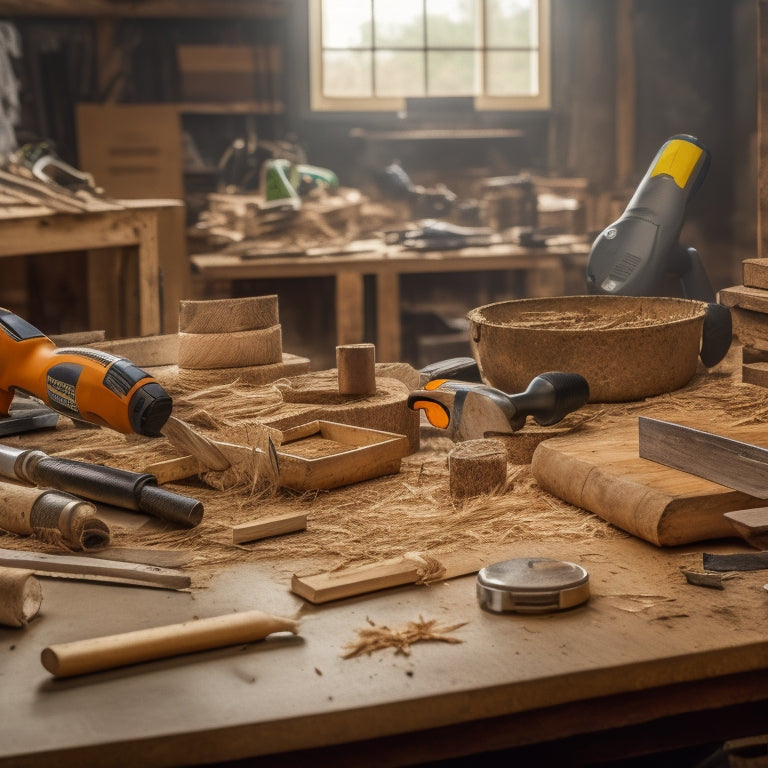 A cluttered workbench with various edging tools, including a circular saw, jigsaw, and router, surrounded by wood shavings and half-cut wooden planks, with a blurred background of a renovation site.