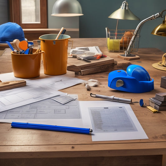 A tidy, organized desk with a clipboard holding a checklist, surrounded by scattered blueprints, hammers, and construction hats, with a subtle background of a renovated kitchen or bathroom.