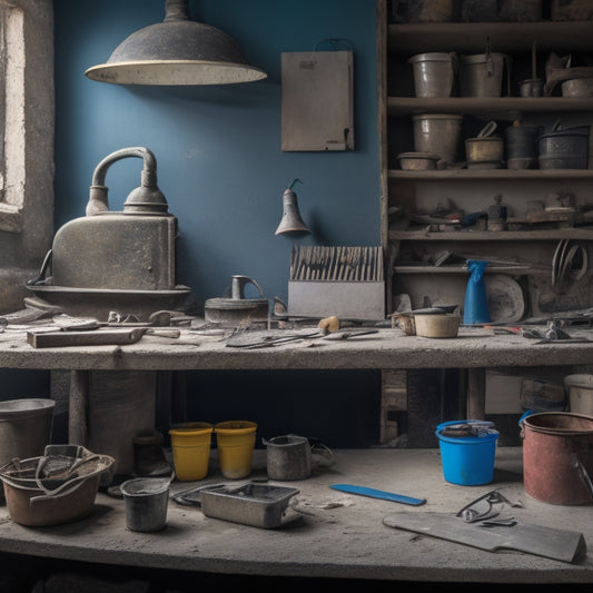 A cluttered workshop table with a half-renovated plaster wall in the background, surrounded by various tools like trowels, sanders, and buckets, with a calculator and a notebook in the foreground.