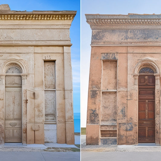 A before-and-after split-screen image: a worn, cracked stucco exterior with peeling paint and rusty downspouts on the left, and a renovated stucco facade with smooth finish, new downspouts, and refreshed trim on the right.