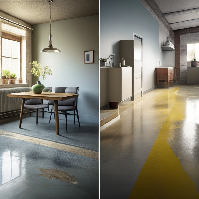 A before-and-after split-screen image: a dirty, yellowed epoxy floor with cracks and stains in a worn-out home, contrasted with a newly renovated space featuring a clean, polished concrete floor and modern furniture.