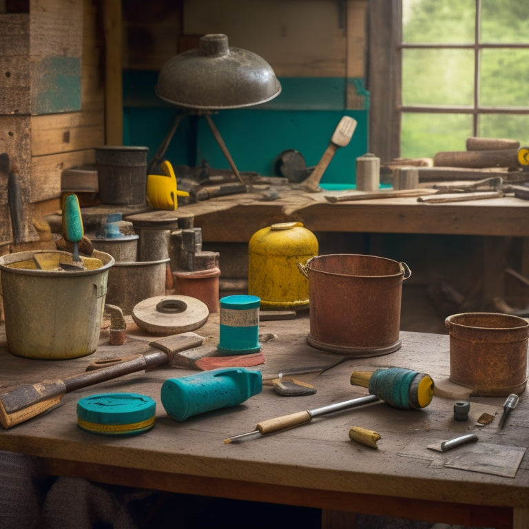 A cluttered workshop table with a worn, wooden mallet, a bucket of mixed plaster, a putty knife, a trowel, a level, and a drill, surrounded by scattered renovation plans and tools.