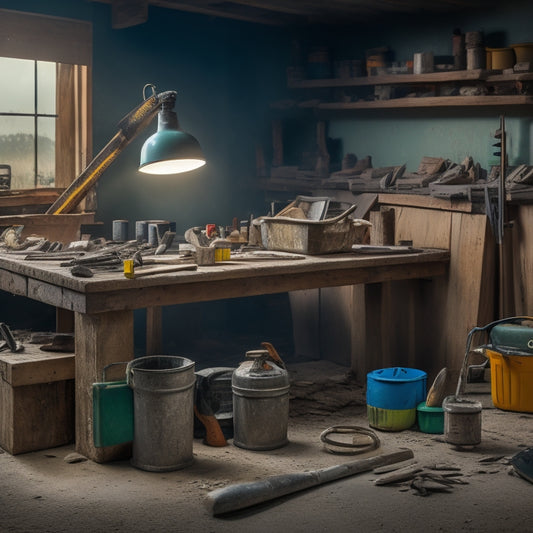 A cluttered, well-lit workshop with a variety of concrete mixing tools scattered across a wooden workbench, including a mixing bucket, trowel, level, and drill, amidst a backdrop of concrete blocks and renovation materials.