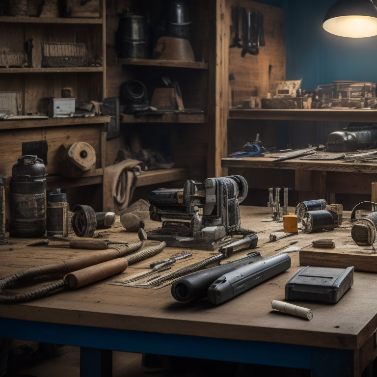 A cluttered workshop background with a central, sleek, high-end power drill on a wooden workbench, surrounded by scattered blueprints, measuring tapes, and scattered renovation materials.
