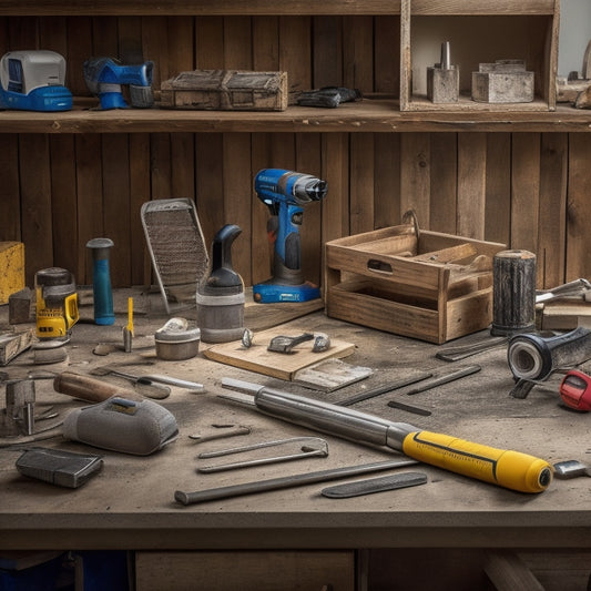 A cluttered workshop table with various railing renovation tools scattered across it, including a cordless drill, level, tape measure, wrench, and safety goggles, surrounded by wooden railing samples and scattered screws.