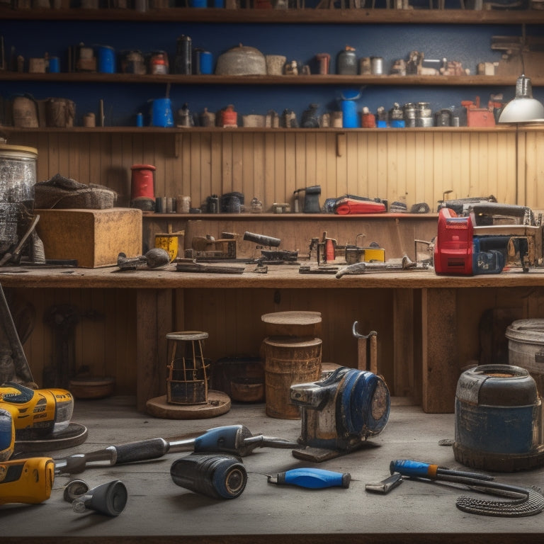 A cluttered workshop background with a variety of used tools laid out, including a drill, hammer, level, and tape measure, with a subtle hint of a renovated room in the blurred background.