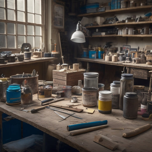 A cluttered DIY workspace with various polyurethane filler tubes, a putty knife, and a repaired wooden table with visible filled scratches and dents in the foreground.