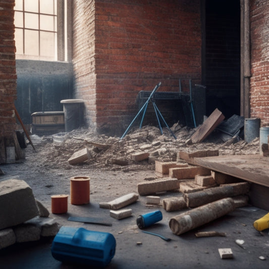 A messy construction site with a partially demolished block wall, scattered renovation tools, and a measuring tape lying on the ground, surrounded by scattered bricks and debris.