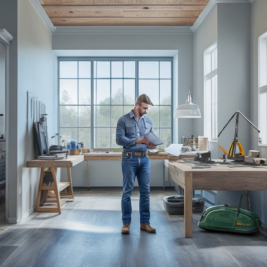 A clean and modern illustration of a person standing in a renovated room, surrounded by construction tools and a partially completed checklist on a clipboard, with a laptop and calculator nearby.
