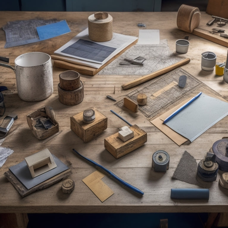 A clutter-free workshop table with ten neatly arranged marking tools, including a laser level, chalk reel, and precision squares, surrounded by faint blueprints and scattered wood shavings.