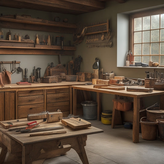 An organized workshop with a wooden workbench, surrounded by various tools and renovation materials, including a cordless drill, level, and rolls of flooring, with a subtle background of a partially renovated room.