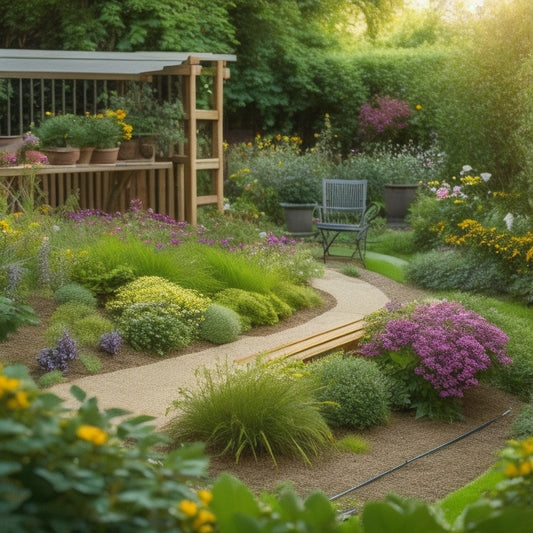 A serene garden scene with a refurbished garden bed, featuring a mix of blooming flowers, lush greenery, and a weathered wooden trellis, surrounded by scattered gardening tools and a vibrant, striped outdoor rug.
