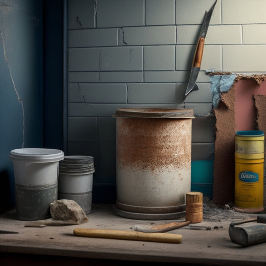 An image of a cracked wall with a putty knife and various tubes of crack filler scattered around, with a ladder and renovation tools in the background.