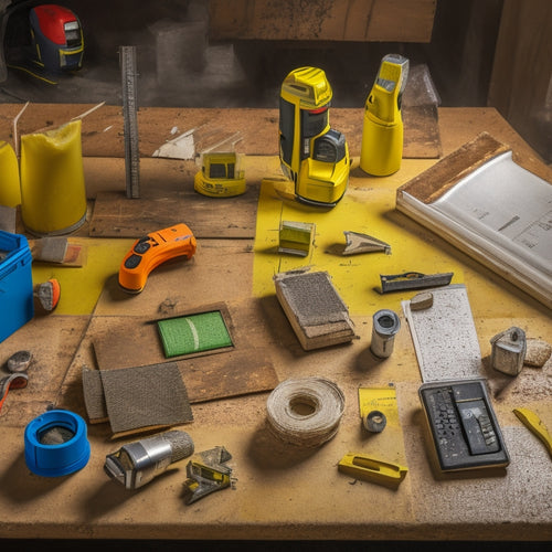 A cluttered workshop table with a spirit level, laser level, stud finder, tape measure, and pry bar, surrounded by scattered drywall pieces, tools, and renovation debris.