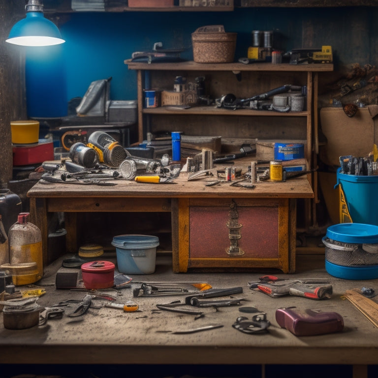 A cluttered workbench with various tools and materials, featuring a centrally-placed, open repair kit box with neatly-organized contents, surrounded by half-finished renovation projects and DIY gadgets.